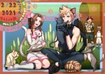  1girl 3boys aerith_gainsborough alternate_costume animal animal_ears animal_feet animal_hands armor asymmetrical_hair bandana bangs black_hair black_pants black_shirt blonde_hair blue_eyes blush boots braid braided_ponytail breasts brown_hair cat cat_ears cat_tail cattail choker cleavage closed_eyes cloud_strife collar cosplay detached_sleeves dress dress_shoes final_fantasy final_fantasy_vii final_fantasy_vii_remake gloves green_eyes green_shorts hair_ribbon halu-ca high_heel_boots high_heels highres holding holding_animal holding_cat medium_breasts moogle moogle_(cosplay) multiple_boys open_mouth pants parted_bangs plant red_bandana ribbon shirt short_dress shorts shoulder_armor sidelocks sleeveless sleeveless_dress sleeveless_turtleneck smile spiked_hair tail teeth turtleneck upper_teeth wedge_(ff7) 