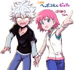  1boy 1girl absurdres beauty_(bobobo-bo_bo-bobo) blue_eyes bobobo-bo_bo-bobo chiha_bobobo denim earrings heppokomaru highres jeans jewelry open_mouth pants pink_hair pointing pointing_forward short_hair simple_background smile spiked_hair white_background white_hair 