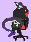  4_toes absurd_res anthro anus balls black_anus black_pawpads bottomless butt clothed clothing deeroni dragon feet fur genitals grey_body grey_fur hair hi_res hoodie horn male pawpads paws perineum purple_background purple_hair rear_view simple_background soles solo toes topwear 