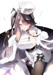  1girl azur_lane bangs bare_shoulders between_legs black_legwear black_ribbon breasts coat dress eyebrows_visible_through_hair fur-trimmed_coat fur_trim gloves hair_between_eyes hair_ribbon hand_between_legs hand_up hat heart heart-shaped_pupils highres hoerutarou large_breasts leaning_forward leaning_to_the_side licking_lips long_hair looking_at_viewer one_eye_closed pamiat_merkuria_(azur_lane) pantyhose peaked_cap retrofit_(azur_lane) ribbon shiny shiny_hair sideboob signature simple_background skindentation solo swept_bangs symbol-shaped_pupils thick_thighs thighs tongue tongue_out white_background white_coat white_dress white_gloves wide_hips 