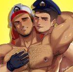  2boys arm_behind_head arm_hair armpit_hair armpits artist_name bara beard biceps black_hair blonde_hair blush brown_eyes brown_hair close-up couple ear_piercing facial_hair firefighter gloves grabbing hairy hand_on_another&#039;s_chest hat helmet highres hug large_pectorals male_focus manly mature_male multicolored_hair multiple_boys muscular muscular_male nipple_piercing nipples one_eye_closed original pectoral_grab pectorals piercing police police_hat police_uniform policeman saliva sweat sweatdrop tan teeth thick_arms thick_eyebrows tongue tongue_out topless topless_male uniform upper_body veins veiny_arms yaoi yellow_background yzpyn 