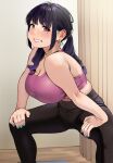  1girl bangs blue_nails blush breasts brown_eyes cleavage earrings fingernails grin hands_on_own_knees highres horse_stance igarashi_kyouhei indoors jewelry large_breasts long_hair looking_at_viewer mole mole_under_eye nail_polish original pants purple_hair smile solo sports_bra spread_legs squatting twintails yoga_pants younger_cousin_(igarashi_kyouhei) 