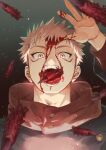  1boy black_jacket blood blood_on_face blood_on_hands brown_eyes ccccc_(jpn_m0) facial_mark finger_to_mouth fingers hand_up highres hood hood_down hoodie itadori_yuuji jacket jujutsu_kaisen male_focus open_mouth pink_hair red_hoodie short_hair solo teeth tongue tongue_out twitter_username undercut upper_body 
