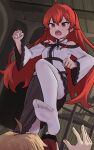  1boy 1girl ahoge clothing_cutout commentary_request eris_greyrat feet highres indoors long_hair long_sleeves mushoku_tensei no_shoes open_mouth pantyhose red_eyes red_hair rudeus_greyrat shoulder_cutout skirt soles toes urin_(littleurin) white_legwear wide_sleeves 
