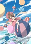  1girl balloon blue_sky brown_hair building cardcaptor_sakura clamp_(circle)_(style) cloud cloudy_sky edoya_inuhachi gloves green_eyes highres kinomoto_sakura magical_girl pink_headwear sky skyscraper white_gloves 