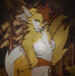  2022 absurd_res angiewolf anthro blurred_background breasts canid canine featureless_breasts female forest fox fur hi_res mammal plant smile solo tree wavy_mouth 
