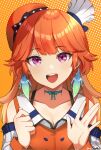  1girl bow_choker breasts choker dotted_background earrings eyebrows_visible_through_hair hat highres hololive hololive_english jewelry long_hair looking_at_viewer mini_hat open_mouth orange_background orange_hair purple_eyes rakku_(rkrmz0n) solo takanashi_kiara teeth tongue upper_body waving 