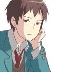  1boy a-ka blazer brown_eyes brown_hair buttons closed_mouth collared_shirt commentary green_jacket hand_on_own_face jacket kita_high_school_uniform kyon looking_at_viewer lowres necktie red_necktie school_uniform shirt short_hair simple_background solo suzumiya_haruhi_no_yuuutsu upper_body white_background white_shirt 