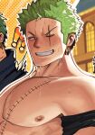  1boy armband bara black_eyes blurry blurry_background blush close-up ear_piercing earrings fang frown green_hair highres jewelry large_pectorals looking_at_viewer male_focus manly mature_male muscular muscular_male nikuo_(29niku) nipples one_piece pectorals piercing roronoa_zoro scar scar_across_eye scar_on_chest smirk solo spiked_hair stud_earrings sweat sweatdrop teeth topless topless_male upper_body veins 