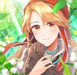  1girl animal bangs blonde_hair blurry blurry_background blush braid brown_eyes cat closed_eyes closed_mouth cordelia_(saga) day eyebrows_visible_through_hair flower head_scarf holding jewelry kojima_mitsu leaves_in_wind light_rays long_hair looking_at_viewer necklace outdoors saga saga_frontier_2 simple_background smile solo sunbeam sunlight twin_braids twitter_username upper_body yellow_eyes 