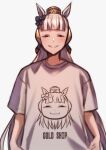  1girl :d absurdres animal_ears anya&#039;s_heh_face_(meme) bangs bow character_name clothes_writing glglpanda gold_ship_(umamusume) grin hair_bow highres horse_ears horse_girl long_hair looking_at_viewer meme open_mouth purple_eyes purple_hair shirt short_sleeves simple_background smile solo spy_x_family t-shirt teeth umamusume white_background white_shirt 