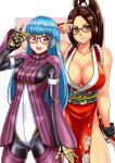 2girls absurdres adjusting_eyewear bangs bare_shoulders black-framed_eyewear blush bodysuit breasts closed_mouth collarbone commentary_request dead_or_alive dead_or_alive_6 fatal_fury floral_print glasses gloves hair_ornament hand_up highres hiroyama_(hpzg5374) japanese_clothes kula_diamond large_breasts lips long_hair long_sleeves looking_at_viewer multiple_girls ninja obi open_mouth ponytail red-framed_eyewear rope sash shiny shiny_hair shiny_skin shiranui_mai simple_background sleeveless small_breasts smile the_king_of_fighters thighs turtleneck zipper 