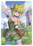  1girl bare_shoulders belt bow breasts choker cloud green_eyes green_hair hair_ribbon highres jewelry kuwango long_hair looking_at_viewer multi-tied_hair ponytail ribbon saga saga_frontier_2 shorts solo very_long_hair virginia_knights windmill 