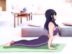  1girl arched_back arm_support ass barefoot black_hair breasts cleavage from_side full_body hibike!_euphonium kousaka_reina long_hair lying medium_breasts on_stomach pants purple_eyes purple_pants purple_sports_bra sbel02 solo sports_bra straight_hair stretch yoga_mat yoga_pants 