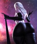  1girl absurdres ass ass_focus black_bra black_gloves black_pants black_sclera bra breasts colored_sclera galaxy gloves highres huge_ass leash leather leather_pants long_fingers long_hair looking_at_viewer looking_back medium_breasts original pants popogori red_eyes sky solo space star_(sky) starry_sky thick_thighs thighs underwear white_hair 