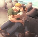  2boys artist_name bara biceps blonde_hair blue_eyes blush brown_hair closed_eyes collared_shirt couple day hand_on_another&#039;s_head hug large_pectorals looking_at_another male_focus manly mature_male multiple_boys muscular muscular_male ocean open_mouth outdoors pants pectoral_cleavage pectorals shirt shoes short_sleeves sideburns sitting smile spiked_hair sunfight0201 t-shirt thick_arms thick_eyebrows tight yaoi 