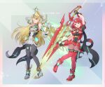  2girls aegis_sword_(xenoblade) bangs bare_shoulders black_gloves blonde_hair breasts chest_jewel chomo_(engawaparty) dress earrings elbow_gloves fingerless_gloves gloves highres jewelry large_breasts long_hair multiple_girls mythra_(massive_melee)_(xenoblade) mythra_(xenoblade) pyra_(xenoblade) red_eyes red_hair red_legwear red_shorts short_dress short_hair short_shorts shorts swept_bangs sword thighhighs tiara very_long_hair weapon white_dress white_footwear white_gloves xenoblade_chronicles_(series) xenoblade_chronicles_2 yellow_eyes 