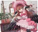  1girl :d animal_ears bird_ears bird_tail bird_wings blush bonnet book border bow bowtie brown_hair commentary commission dress english_commentary gloves hand_up holding holding_book indie_virtual_youtuber indoors looking_at_viewer magpie_(vtuber) pink_bow pink_bowtie pink_dress plant potted_plant skeb_commission smile solo standing string string_of_fate tail two_side_up uchako white_border white_gloves wings 