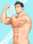  1boy abs absurdres aqua_eyes arm_tattoo bara biceps black_hair completely_nude facial_hair flexing forehead_tattoo highres jashin_doruton large_pectorals looking_at_viewer male_focus muscular muscular_male navel nipples nude pectorals pose priapus priapus_a._tarou short_hair sideburns solo stomach_tattoo tattoo 