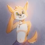  anthro canid canine canis domestic_dog green_eyes hi_res male mammal purple_background shirtless simple_background solo stampmats yellow_body 