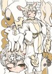  1boy :&lt; :| absurdres animal_ears animal_hands baggy_clothes baggy_pants closed_eyes closed_mouth curly_hair english_text freckles fur_collar goat goat_boy goat_ears goat_tail green_eyes hands_on_hips highres hooves horizontal_pupils long_sleeves looking_at_viewer multiple_views one_eye_closed original pants rope rope_around_neck rope_around_waist rope_belt shima_(wansyon144) short_hair tail white_background white_fur white_hair white_legwear wide_sleeves 