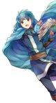  1boy absurdres asvel_(fire_emblem) black_pants blue_cape blue_gloves blue_tunic book brown_sash cape commentary_request feet_out_of_frame fingerless_gloves fire_emblem fire_emblem:_thracia_776 gloves highres holding holding_book male_focus open_mouth pants sash simple_background solo tunic white_background yukimiyuki 