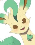  2021 absurd_res ambiguous_gender artist_name blush brown_eyes eeveelution feral green_ears green_tuft head_tilt hi_res leafeon looking_at_viewer nintendo patreon patreon_logo pok&eacute;mon pok&eacute;mon_(species) simple_background smile smiling_at_viewer solo tan_body tongue tuft video_games white_background winick-lim 