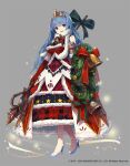  1girl bell blue_eyes breasts christmas christmas_dress cinderella_(grimms_notes) copyright dress full_body gloves grey_background grimms_notes large_breasts long_dress makihitsuji official_art polearm ribbon shield shoes smile solo spear standing tiara weapon 