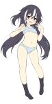  1girl :d bangs bare_arms bare_shoulders black_hair black_legwear blue_bra blue_panties blush bra braid breasts collarbone commentary_request copyright_request eyebrows_visible_through_hair full_body hair_between_eyes hands_up highres long_hair looking_at_viewer multicolored_hair navel no_shoes official_art one_side_up panties purple_eyes sakuraba_hikaru_(loveindog) sharp_teeth simple_background small_breasts smile socks solo standing streaked_hair teeth training_bra underwear v-shaped_eyebrows very_long_hair white_background white_hair 