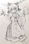  1girl alcohol apron bangs beer beer_mug bow commentary_request cross-laced_clothes cup d-m_(dii_emu) dress fang foam frilled_apron frilled_dress frills german_clothes greyscale hair_ribbon horns ibuki_suika long_hair monochrome mug oni oni_horns open_mouth puffy_short_sleeves puffy_sleeves ribbon short_sleeves standing touhou traditional_media very_long_hair 