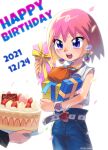  1girl absurdres beauty_(bobobo-bo_bo-bobo) belt bobobo-bo_bo-bobo cake chiha_bobobo dated denim earrings food gift happy_birthday heart highres jeans jewelry midriff open_mouth pants pink_hair purple_eyes short_hair simple_background sleeveless smile standing white_background 