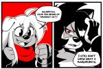  2022 5_fingers ahoge anaugi anthro canid canine canis clothed clothing comic cute_fangs domestic_dog duo english_text fangs female fingerless_gloves fingers fist floppy_ears gloves hachimitsu hair hair_over_eye handwear long_hair mammal miel_gallerte_(anaugi) one_eye_obstructed open_mouth open_smile restricted_palette scar scarf smile speech_bubble text 
