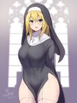  1girl arms_behind_back blonde_hair breasts indoors looking_at_viewer nun original purple_eyes thighs white_legwear yoshikawa_hideaki 