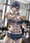  1girl abs absurdres anima_(togashi) au_ra avatar_(ff14) black_shorts black_sports_bra black_wristband bottle breasts dragon_tail final_fantasy final_fantasy_xiv highres holding holding_bottle large_breasts midriff muscular muscular_female original scales short_hair shorts spiked_hair sports_bra sportswear sunglasses sweat tail water_bottle 