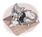  1girl :3 attack black_shirt blue_eyes blush cat_girl cat_tail closed_mouth colored_skin commission furry furry_female grey_hair grey_skin hair_ornament hairclip looking_at_viewer mullmull02 nyantauros original shirt sitting skeb_commission smile smug solo tail taur twitter_username x_hair_ornament 