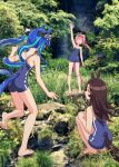  animal_ears arm_up black_hair blue_hair breasts commentary_request grass haru_urara_(umamusume) headband horse_ears horse_girl horse_tail long_hair open_mouth pink_hair ponytail rice_shower_(umamusume) rock school_swimsuit small_breasts special_cat swimsuit tail twin_turbo_(umamusume) twintails umamusume 