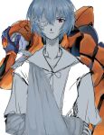  1girl 8gura_is ayanami_rei bandages blue_hair closed_mouth eva_00 expressionless highres mecha neon_genesis_evangelion red_eyes school_uniform tokyo-3_middle_school_uniform_(evangelion) 