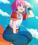  1girl beauty_(bobobo-bo_bo-bobo) belt blue_eyes bobobo-bo_bo-bobo cloud denim earrings heart highres hira jeans jewelry navel open_mouth pants pink_hair short_hair short_sleeves sitting smile solo 