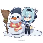  1girl black_hairband black_legwear blue_necktie boots chibi eula_(genshin_impact) genshin_impact hairband light_blue_hair multicolored_eyes necktie official_art scarf short_hair smile snow_on_head snowman thigh_boots thighhighs thighhighs_under_boots yellow_eyes 