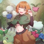  belt black_belt black_hair boots chomo_(engawaparty) gardenia_(pokemon) green_footwear highres hoppip jumpluff multicolored_hair one_eye_closed open_mouth orange_eyes orange_hair pokemon pokemon_(creature) pokemon_(game) pokemon_dppt poncho roserade shorts smile turtwig two-tone_hair yellow_eyes 