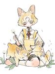  1boy animal animal_ear_fluff animal_ears apron blonde_hair bow calf_socks closed_eyes closed_mouth collared_shirt crossed_ankles dandelion dog dog_boy dog_ears flower fluffy hand_on_animal highres holding holding_plant male_focus original petting plant red_ribbon ribbon shima_(wansyon144) shirt short_hair shorts sitting smile socks solo welsh_corgi white_background white_legwear white_shirt yellow_apron 