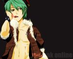  1boy bangs black_background blood blood_on_face bracelet brown_jacket commentary_request copyright_name cross cross_necklace fur-trimmed_jacket fur_trim green_eyes green_hair hair_between_eyes hand_in_own_hair jacket jewelry koshou_(maayan) licking_blood looking_to_the_side male_focus necklace open_clothes open_jacket open_mouth ragnarok_online rogue_(ragnarok_online) short_hair short_sleeves simple_background solo spiked_bracelet spikes upper_body zipper 