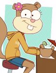  2022 alternate_costume beverage clothing female hi_res holding_beverage holding_object looking_at_viewer mammal nickelodeon rodent sandy_cheeks sciurid simple_background sitting solo spongebob_squarepants sweater topwear tree_squirrel vsdrawfag 