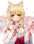  1girl animal_ears bangs blonde_hair cherry_blossoms flower fox_ears genshin_impact hair_between_eyes hair_flower hair_ornament highres hue japanese_clothes kimono lumine_(genshin_impact) medium_hair miko simple_background smile white_background yellow_eyes 