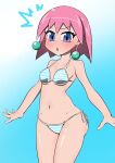  1girl beauty_(bobobo-bo_bo-bobo) blue_eyes blush bobobo-bo_bo-bobo breasts earrings highres jewelry kazamidoririnn looking_at_viewer navel open_mouth pink_hair short_hair simple_background solo swimsuit 