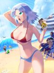  1girl absurdres beach beach_umbrella bobobo-bo_bo-bobo breasts character_request chiha_bobobo cleavage cloud highres long_hair multiple_boys navel one_eye_closed open_mouth rem_(bobobo-bo_bo-bobo) smile surfboard swimsuit umbrella waves 