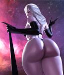  1girl absurdres ass ass_focus black_bra black_gloves black_panties black_sclera bra breasts colored_sclera galaxy gloves highres huge_ass leash leather long_fingers long_hair looking_at_viewer looking_back medium_breasts original panties pants popogori red_eyes sky solo space star_(sky) starry_sky thick_thighs thighs underwear white_hair 