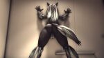  3d_(artwork) absurd_res anthro backsack balls black_body black_fur butt canid canine digital_media_(artwork) fur genitals gynomorph hair hands_on_wall hi_res intersex kristall_krit looking_away mammal monster presenting presenting_hindquarters scp-1471 scp-1471-a scp_foundation silver_hair solo source_filmmaker undead 