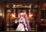  1girl apron bangs blush bookshelf breasts chair clothes_hanger commentary_request couch cowboy_shot cup dress embarrassed frills girls&#039;_frontline holding holding_cup indoors lamp large_breasts long_hair long_sleeves looking_at_viewer maid maid_headdress ntw-20_(girls&#039;_frontline) ntw-20_(the_aristocrat_experience)_(girls&#039;_frontline) official_alternate_costume painting_(object) pink_hair ponytail puffy_sleeves red_eyes solo soukou_makura standing very_long_hair 