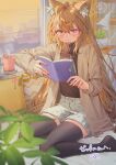  1girl absurdres ahoge animal_ear_fluff animal_ears black_legwear book brown_coat brown_eyes brown_hair brown_sweater closed_mouth coat coffee_mug commentary_request commission cup desk_lamp fox_ears glasses grey_shorts highres holding holding_book kitada_mo lamp long_hair marika_(zeddaru) mug open_clothes open_coat original pillow plant potted_plant reading red-framed_eyewear ribbed_sweater shorts sitting skeb_commission smile solo sweater thighhighs very_long_hair window 